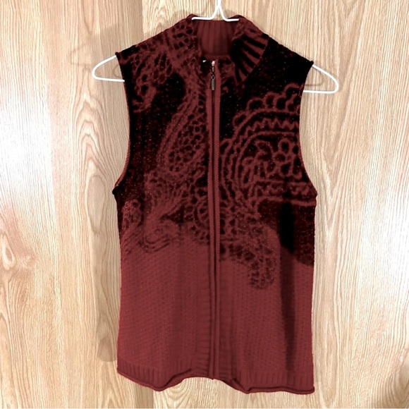 Coldwater Creek Wool Knit Blend Paisley Red/ Black Full Zip Sweater Vest - Picture 2 of 5